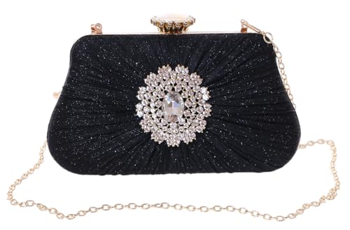 Kawaii-Story LB-8004-3 Schwarz Glitzer Stoff schimmernd Strass Ornament Abendtasche Clutch Schulter Damen Tasche 20,4x12,5x4cm von Kawaii-Story