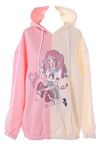 Kawaii-Story TS-313-3 Rosa beige Patch Manga Zeichnung Grafik Hoodie Sweatshirt Pullover Pastel Goth von Kawaii-Story