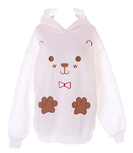 Kawaii-Story TS-331-1 Weiß Teddy Gesicht Bestickt Oversized Hoodie Sweatshirt Pullover Pastel Goth von Kawaii-Story