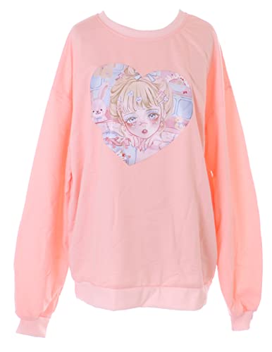 Kawaii-Story TS-345 Rosa Herz Grafik Bestickt Langarm Shirt Sweatshirt Pullover Pastel Goth von Kawaii-Story