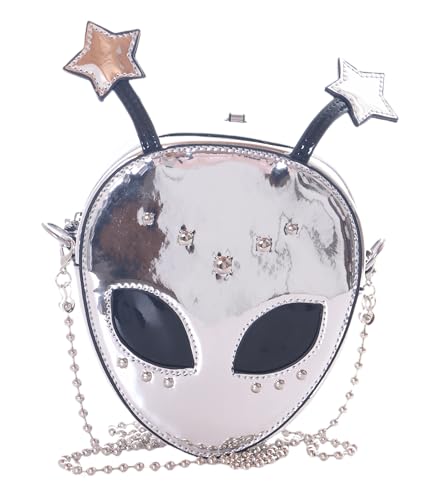 LB-6140-1 Alien Kopf Lack glänzend mit Nieten Trendy Damen Kult Tasche 18,5x16x5,5cm Pu silber von Kawaii-Story