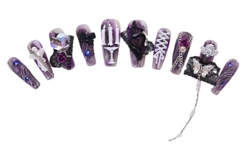 PN-027 Press-On Nails Fingernägel lackiert 10 Stück wiederwendbare Künstliche Premium Nägel Y2K Pastel Goth Kerzenständer Rose Engel Spitze lila von Kawaii-Story