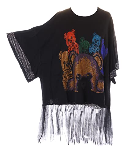 TP-241 Schwarz Teddy Bunte Strasssteine Tüll Saum Kurzarm T-Shirt Kleid Harajuku Oversized Look von Kawaii-Story