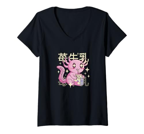 Damen Kawaii Axelotl Trinkmilch - Niedliche japanische Anime-Kunst T-Shirt mit V-Ausschnitt Damen Kawaii Axelotl Trinkmilch - Niedliche japanische Anime-Kunst T-Shirt mit V-Ausschnitt von Kawaii Street Food Co