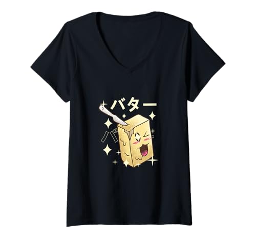 Damen Kawaii Butterblock, lustiges Japanisches Essens-Design T-Shirt mit V-Ausschnitt Damen Kawaii Butterblock, lustiges Japanisches Essens-Design T-Shirt mit V-Ausschnitt von Kawaii Street Food Co