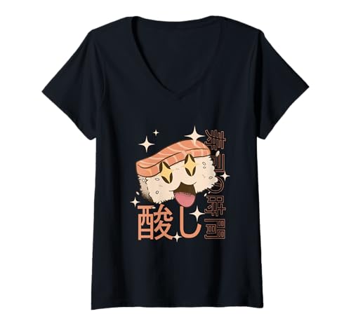 Damen Kawaii Happy Sushi - Japanisches Essen Anime Style T-Shirt mit V-Ausschnitt Damen Kawaii Happy Sushi - Japanisches Essen Anime Style T-Shirt mit V-Ausschnitt von Kawaii Street Food Co