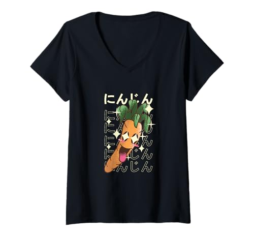 Damen Kawaii Karotte Banane - Japanisches Essen Anime Style T-Shirt mit V-Ausschnitt Damen Kawaii Karotte Banane - Japanisches Essen Anime Style T-Shirt mit V-Ausschnitt von Kawaii Street Food Co
