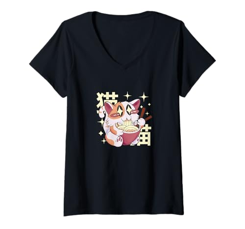 Damen Süße Kawaii-Katze frisst Ramen – Japanisches Essen Anime-Stil T-Shirt mit V-Ausschnitt Damen Süße Kawaii-Katze frisst Ramen – Japanisches Essen Anime-Stil T-Shirt mit V-Ausschnitt von Kawaii Street Food Co