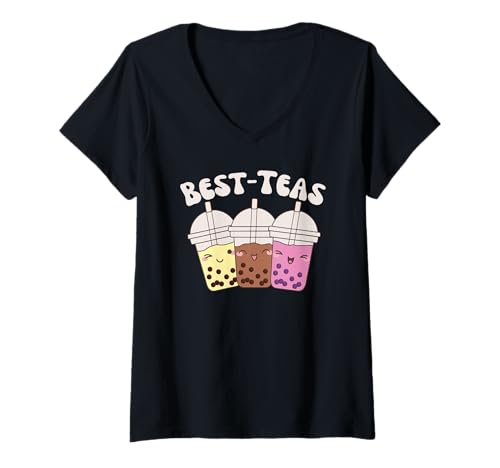 Damen Best-Teas Süßes Kawaii Boba Wortspiel Tea Bubble Tea T-Shirt mit V-Ausschnitt Damen Best-Teas Süßes Kawaii Boba Wortspiel Tea Bubble Tea T-Shirt mit V-Ausschnitt von Kawaii Street Food Design