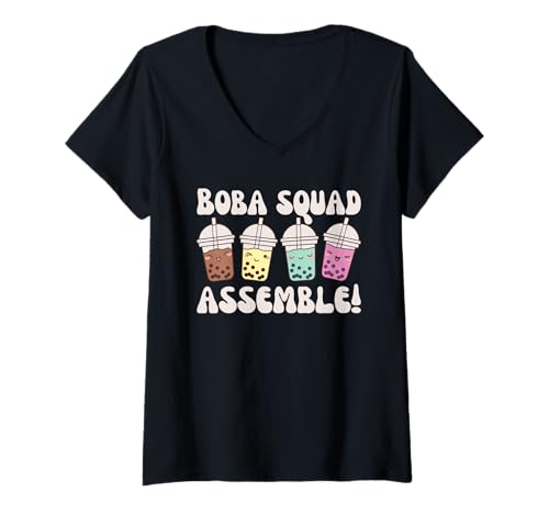 Damen Boba Squad Assemble! Süßes Kawaii Boba Tea Bubble T-Shirt mit V-Ausschnitt Damen Boba Squad Assemble! Süßes Kawaii Boba Tea Bubble T-Shirt mit V-Ausschnitt von Kawaii Street Food Design