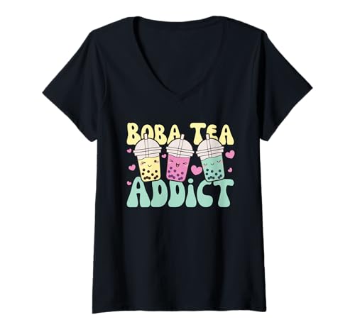 Damen Boba Tea Addict Süßes Kawaii Boba Tea Bubble Tea T-Shirt mit V-Ausschnitt Damen Boba Tea Addict Süßes Kawaii Boba Tea Bubble Tea T-Shirt mit V-Ausschnitt von Kawaii Street Food Design