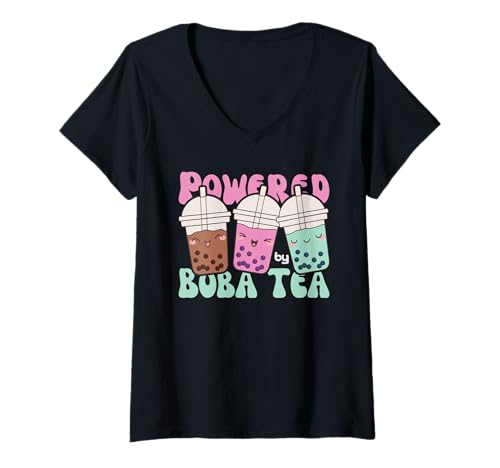 Damen Powered by Boba Tea Süßes Kawaii Boba Wortspiel Tea Bubble T-Shirt mit V-Ausschnitt Damen Powered by Boba Tea Süßes Kawaii Boba Wortspiel Tea Bubble T-Shirt mit V-Ausschnitt von Kawaii Street Food Design