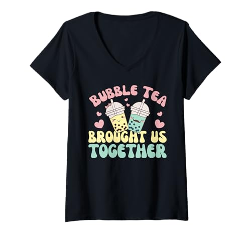 Damen Süßes Kawaii Boba Tea Bubble Tea Brought us Together T-Shirt mit V-Ausschnitt Damen Süßes Kawaii Boba Tea Bubble Tea Brought us Together T-Shirt mit V-Ausschnitt von Kawaii Street Food Design