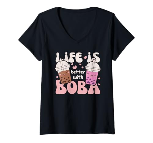 Damen Süßes Kawaii Boba Tea Bubble Tea Life is Better with Boba T-Shirt mit V-Ausschnitt Damen Süßes Kawaii Boba Tea Bubble Tea Life is Better with Boba T-Shirt mit V-Ausschnitt von Kawaii Street Food Design