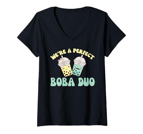Damen Süßes Kawaii Boba Tea Bubble Tea Perfect Boba Duo T-Shirt mit V-Ausschnitt Damen Süßes Kawaii Boba Tea Bubble Tea Perfect Boba Duo T-Shirt mit V-Ausschnitt von Kawaii Street Food Design