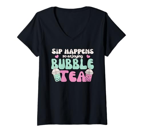 Damen Süßes Kawaii Boba Tea Bubble Tea T-Shirt mit V-Ausschnitt Damen Süßes Kawaii Boba Tea Bubble Tea T-Shirt mit V-Ausschnitt von Kawaii Street Food Design