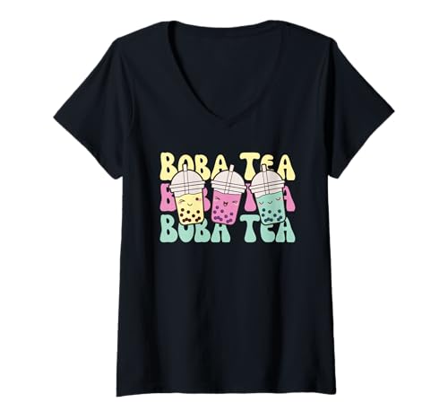 Damen Süßes Kawaii Boba Tea Bubble Tea T-Shirt mit V-Ausschnitt Damen Süßes Kawaii Boba Tea Bubble Tea T-Shirt mit V-Ausschnitt von Kawaii Street Food Design