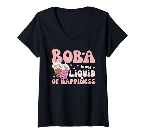 Damen Süßes Kawaii Bubble Tea Boba is My Liquid of Happiness T-Shirt mit V-Ausschnitt Damen Süßes Kawaii Bubble Tea Boba is My Liquid of Happiness T-Shirt mit V-Ausschnitt von Kawaii Street Food Design