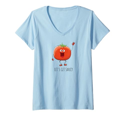 Damen Let's get Saucy mit süßer Tomate, lustiger Tomatensauce T-Shirt mit V-Ausschnitt Damen Let's get Saucy mit süßer Tomate, lustiger Tomatensauce T-Shirt mit V-Ausschnitt von Kawaii Style Tomato Designs