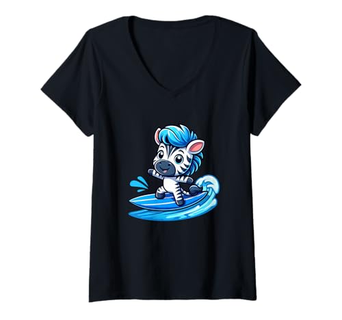 Damen Süße Kawaii Zebra Surfer Cartoon Sommer Wellen T-Shirt mit V-Ausschnitt Damen Süße Kawaii Zebra Surfer Cartoon Sommer Wellen T-Shirt mit V-Ausschnitt von Kawaii Surfer Zebra Fun Summer Adventure