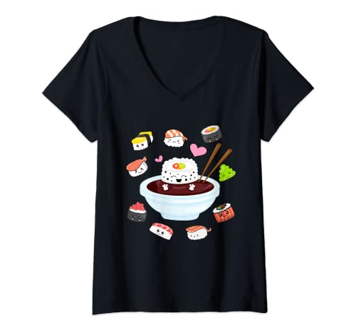 Damen Kawaii Sushi Fröhliches lustiges Sushi Netter japanischer T-Shirt mit V-Ausschnitt Damen Kawaii Sushi Fröhliches lustiges Sushi Netter japanischer T-Shirt mit V-Ausschnitt von Kawaii Sushi Japanese Anime Happy Cute Sushi Gifts