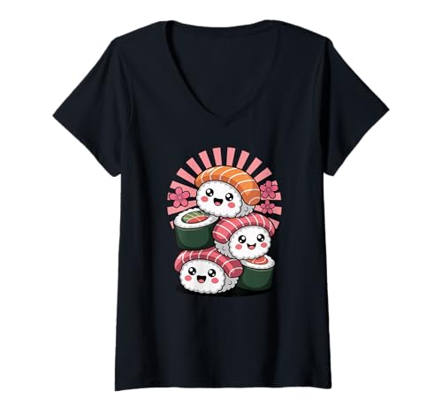 Damen Happy Kawaii Sushi Stack Cute Sushi Face Roll Characters T-Shirt mit V-Ausschnitt Damen Happy Kawaii Sushi Stack Cute Sushi Face Roll Characters T-Shirt mit V-Ausschnitt von Kawaii Sushi Liebhaber Japanisches Essen Cartoon