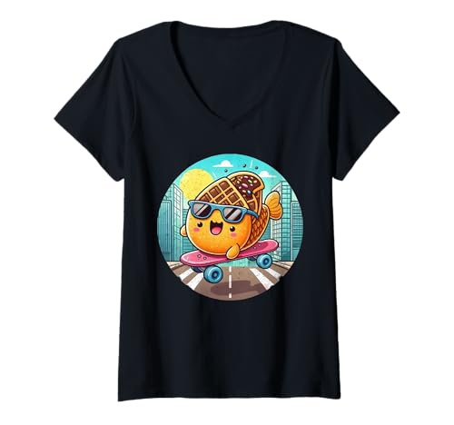 Damen Kawaii Taiyaki auf Skateboard Snack-core Fans T-Shirt mit V-Ausschnitt Damen Kawaii Taiyaki auf Skateboard Snack-core Fans T-Shirt mit V-Ausschnitt von Kawaii Taiyaki Japanese Collection