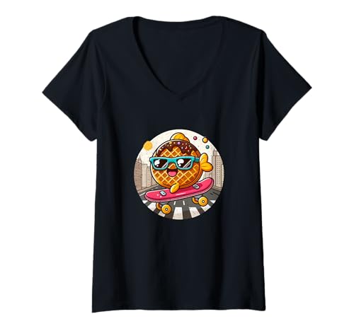 Damen Kawaii Taiyaki auf Skateboard mit Sonnenbrille T-Shirt mit V-Ausschnitt Damen Kawaii Taiyaki auf Skateboard mit Sonnenbrille T-Shirt mit V-Ausschnitt von Kawaii Taiyaki Japanese Collection