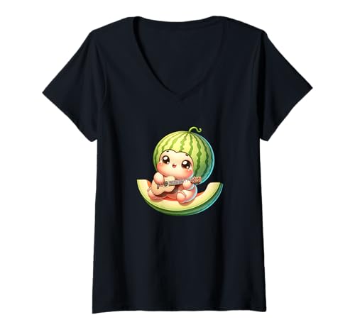 Damen Süßes Wassermelone Baby Gitarre Sommergefühle T-Shirt mit V-Ausschnitt von Kawaii Wassermelone Baby Gitarre Musik Sommer
