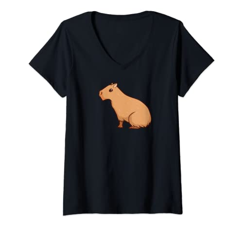 Damen Kawaii Wasserschwein T-Shirt mit V-Ausschnitt Damen Kawaii Wasserschwein T-Shirt mit V-Ausschnitt von Kawaii Wasserschweine und Capybaras