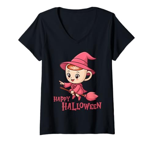 Damen Süße Hexe Ballerina Cappuccino Italienische Brainrot Halloween T-Shirt mit V-Ausschnitt von Kawaii Witchy Spooky Season Italian Brainrot Meme