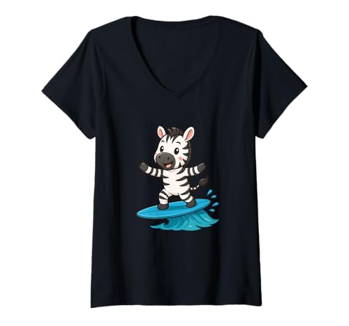 Damen Niedlicher Zebra-Surfer reitet Wellen Cartoon Sommer T-Shirt mit V-Ausschnitt Damen Niedlicher Zebra-Surfer reitet Wellen Cartoon Sommer T-Shirt mit V-Ausschnitt von Kawaii Zebra Surfing Adventures