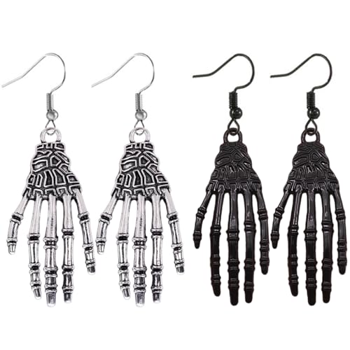 Kawailay 2 Paar Gothic Schädelhand Ohrringe Vintage Hand Knochen Dangle Ohrringe Rock Punk Ghost Baumeln Ohrringefür Frauen – Silber Schwarz von Kawailay