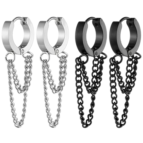 Kawailay 2 Paar Kette Creolen Ohrringe Edelstahl Kette Ohrstecker Rock Punk Kette Hängend Huggie Ohrringe für Herren Frau – Silber Schwarz von Kawailay