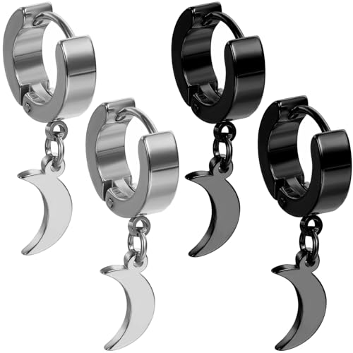 Kawailay 2 Paar Mond Creolen Ohrringe Edelstahl Mond Ohrstecker Rock Punk Monds Hängend Ohrringes Monds Huggie Ohrringe für Herren Frau – Silber Schwarz von Kawailay