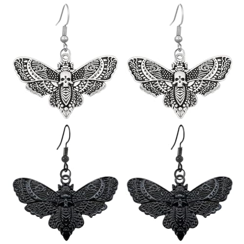 Kawailay 2 Paar Gothic Motten Ohrringe Vintage Schädel Schmetterling Ohrringe Rock Punk Motten Baumeln Ohrringe für Frauen – Silber Schwarz von Kawailay