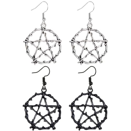 Kawailay Gothic Pentagramm Ohrringe - Vintage Stern Dangle Rock Punk Haken für Frauen - Silber Schwarz von Kawailay