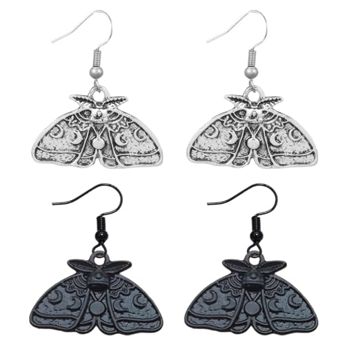 Kawailay 2 Paar Gothic Motten Ohrringe Vintage Death Moth Anhänger Ohrringe Rock Punk Motten Baumeln Ohrringe für Frauen –Silber Schwarz von Kawailay