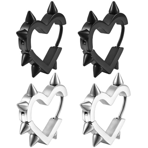 Kawailay 2 Paar Spike Creolen Ohrringes Edelstahl Spike Herz Ohrstecker Rock Punk Spike Manschette Ohrringe Spike Huggie Ohrringe für Herren Frau – Silber Schwarz von Kawailay