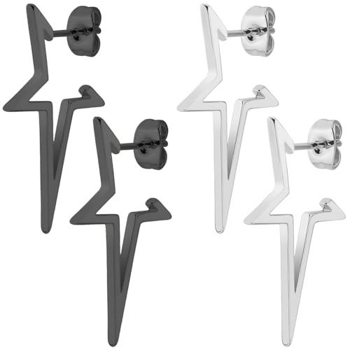 Kawailay 2 Paar Spike Sterne Ohrringes Edelstahl Spike Sterne Ohrstecker Rock Punk Stern Manschette Ohrringe Offener Stern Huggie Ohrringe für Herren Frau – Silber Schwarz von Kawailay