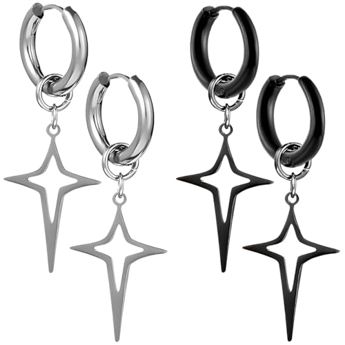 Kawailay 2 Paar Sterne Creolen Ohrringe Edelstahl Kreuz Stern Ohrstecker Rock Punk Stern Hängend Huggie Ohrringe für Herren Frau – Silber Schwarz von Kawailay