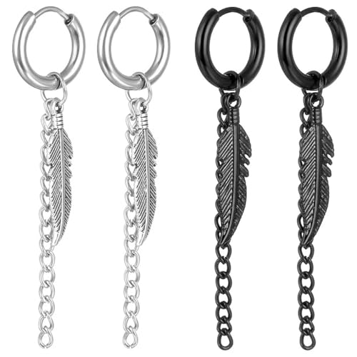 Kawailay Feder Creolen Ohrringe - Edelstahl Ohrstecker Rock Punk Hängend Huggie für Herren - Silber Schwarz Stil 3 von Kawailay