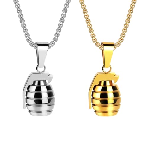 Kawailay 2 Stk Handgranate Halskette Handgranate Anhänger Kette Rock Punk Hip Hop Kette Rapper Biker Cooles Halskette für Männer - Silber und Gold von Kawailay
