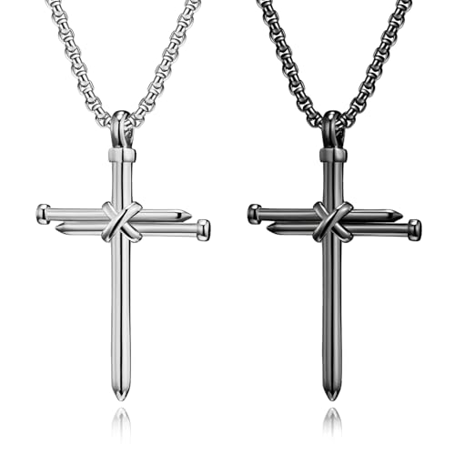 Kawailay 2 Stk Nägel Kreuz Halskette Kruzifix Anhänger Halskette Vintage Rock Punk Hip Hop Kette Rapper Biker Cooles Religiöser Halskette für Herren Männer - Silber und Schwarz von Kawailay