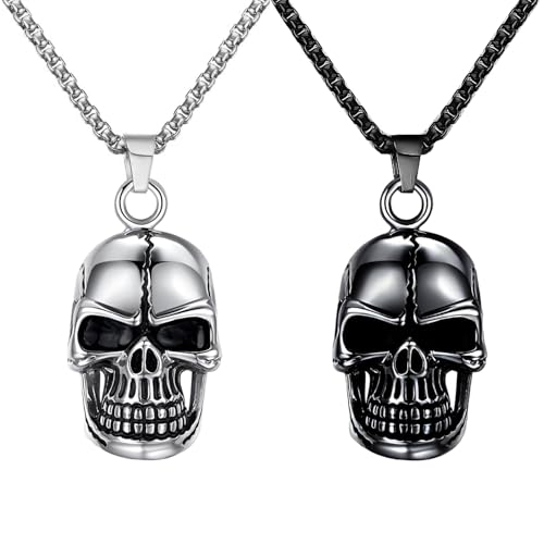 Kawailay 2 Stk Totenkopf Halskette Retro Skull Anhänger Halskette Gotik Rock Punk Hip Hop Kette Rapper Biker Cooles Halskette für Herren Männer - Silber und Schwarz von Kawailay