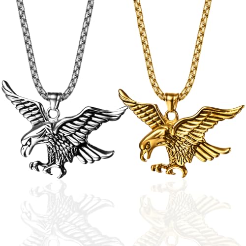 Kawailay 2 Stk Adler Halskette Vintage Adler Anhänger Kette Rock Punk Hip Hop Kette Rapper Biker Cooles Halskette für Männer - Gold und Silber Kawailay 2 Stk Adler Halskette Vintage Adler Anhänger Kette Rock Punk Hip Hop Kette Rapper Biker Cooles Halskette für Männer - Gold und Silber von Kawailay