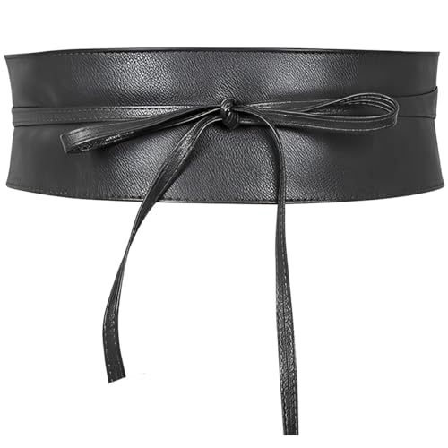 Kawailay Damen Kunstleder Breite TaillengürtelBowknot Bindegürtel Wickelgürtel Obi Gürtel Vintage Dekorativ Hüftgürtel für Kleid Hemden Jacken – Schwarz Stil 2 von Kawailay