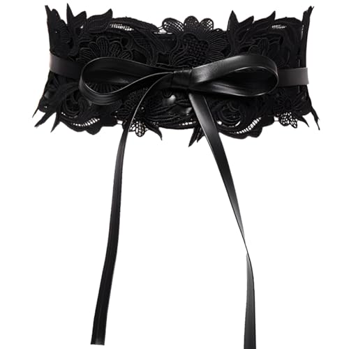 Kawailay Damen Spitze Breite Taillengürtel Spitze Bowknot Bindegürtel Wickelgürtel Vintage Dekorativ Hüftgürtel für Kleid Hemden Jacken - Schwarz von Kawailay