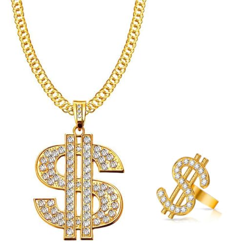 Kawailay Dollar Zeichen Halskette Ring Dollar Anhänger Kette Rock Punk Hip Hop Goldkette Rapper Biker Cooles Halskette für Männer Frauen – Gold Stil 2 von Kawailay
