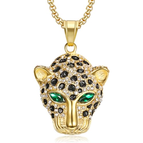 Kawailay Leopardenkopf Halskette Strass Leopard Kopf Anhänger Kette Rock Punk Hip Hop Goldkette Rapper Biker Cooles Halskette für Männer Frauen - Grüne Augen von Kawailay
